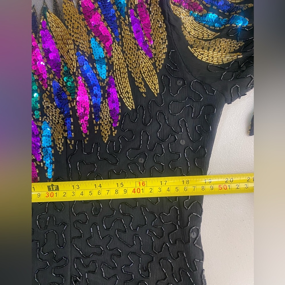 Vintage Erica Louis Beaded Silk Dress – Black Sequin Long Sleeve Elegant Gown - Picture 12 of 13